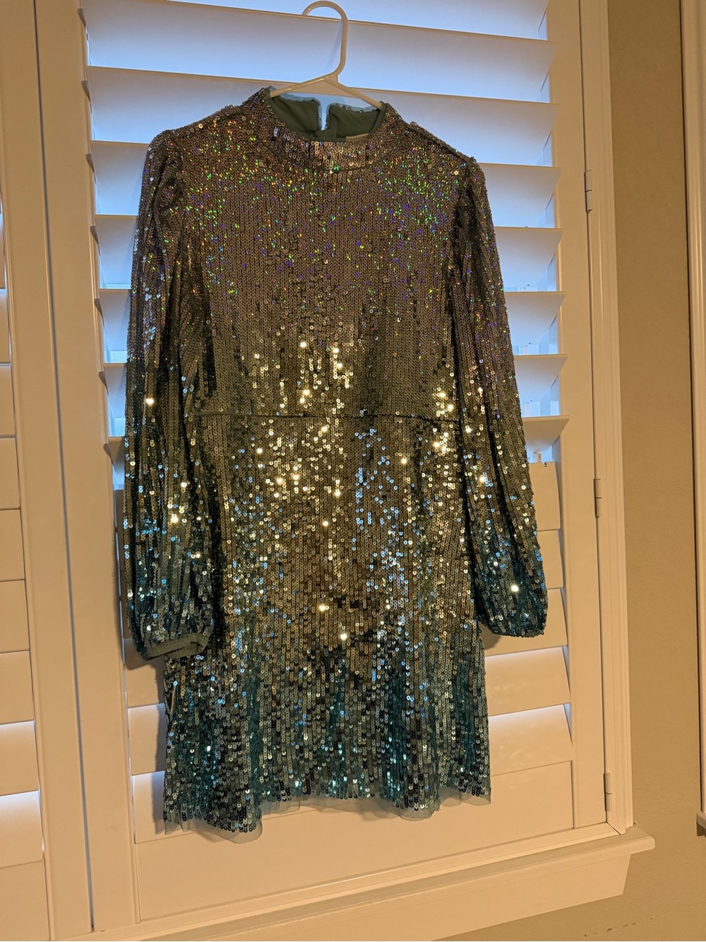 Marks & Spencer Iridescent Sequin Long Sleeve Party Dress in Green and Blue